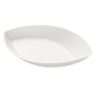 The bowl Demo Piatto 140 ml - uncoated White Bagasse 175x104x35 from Duni GmbH, a white oval disposable bowl with raised edges and subtly embossed logo, is made from environmentally friendly bagasse. Pictured in a pack of 35 pieces on a white background.