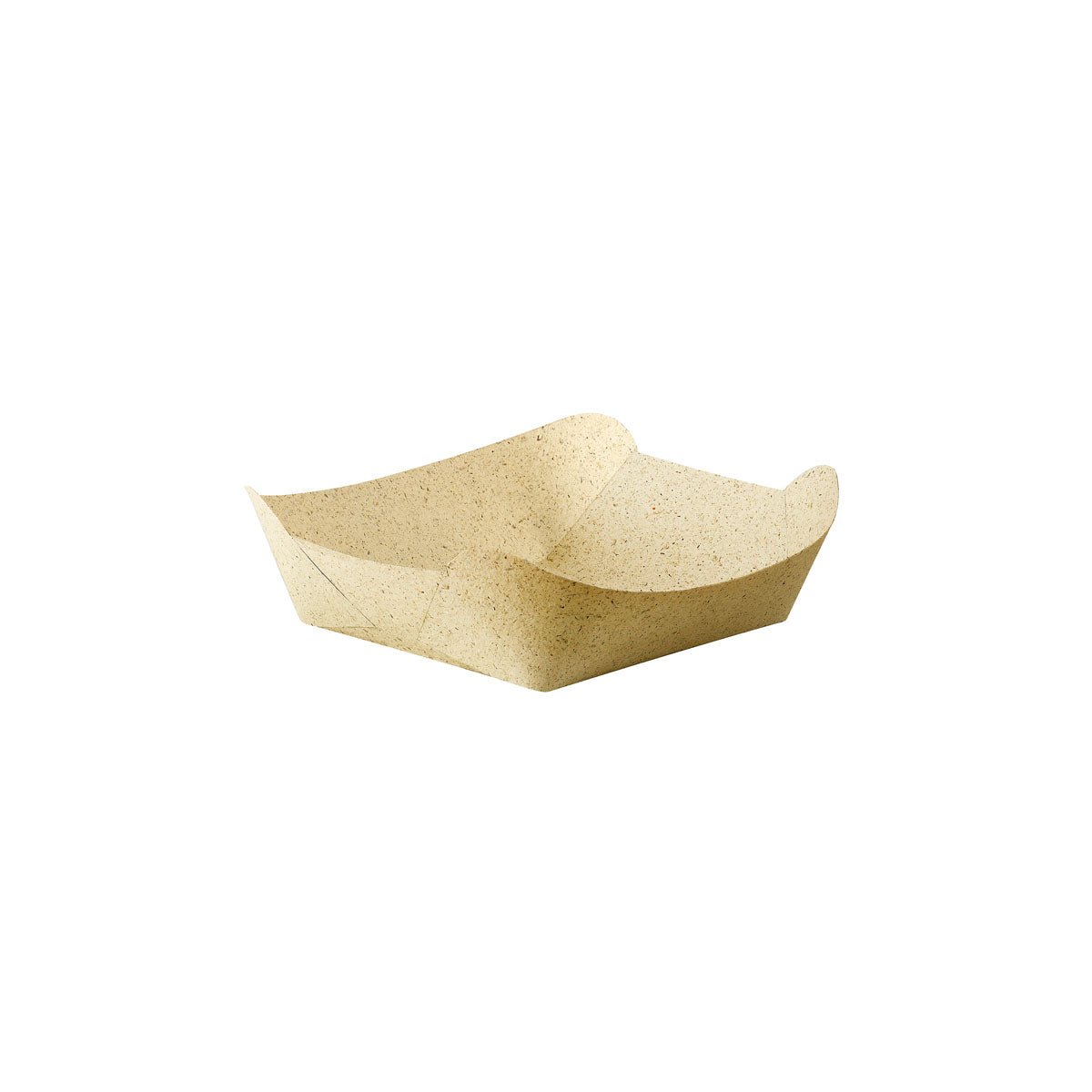 The Bloom Tray Small by Duni GmbH is a rectangular, uncoated natural grass paper tray (175x145x50 mm) with raised, curved edges, sold in packs of 500 pieces. This eco-friendly packaging is depicted on a white background.
