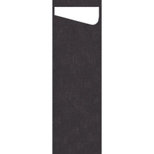 A vertical, black, rectangular shape with a white, slanted cutout at the top right resembles the SACCHETTO Bio D-Soft Slim from Duni GmbH - ideal for environmentally friendly washing of delicate clothing. The background is solid white.