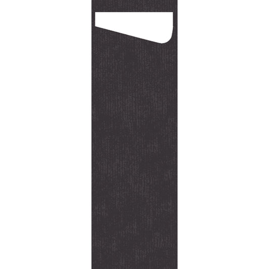 A vertical, black, rectangular shape with a white, slanted cutout at the top right resembles the SACCHETTO Bio D-Soft Slim from Duni GmbH - ideal for environmentally friendly washing of delicate clothing. The background is solid white.