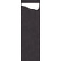 A vertical, black, rectangular shape with a white, slanted cutout at the top right resembles the SACCHETTO Bio D-Soft Slim from Duni GmbH - ideal for environmentally friendly washing of delicate clothing. The background is solid white.