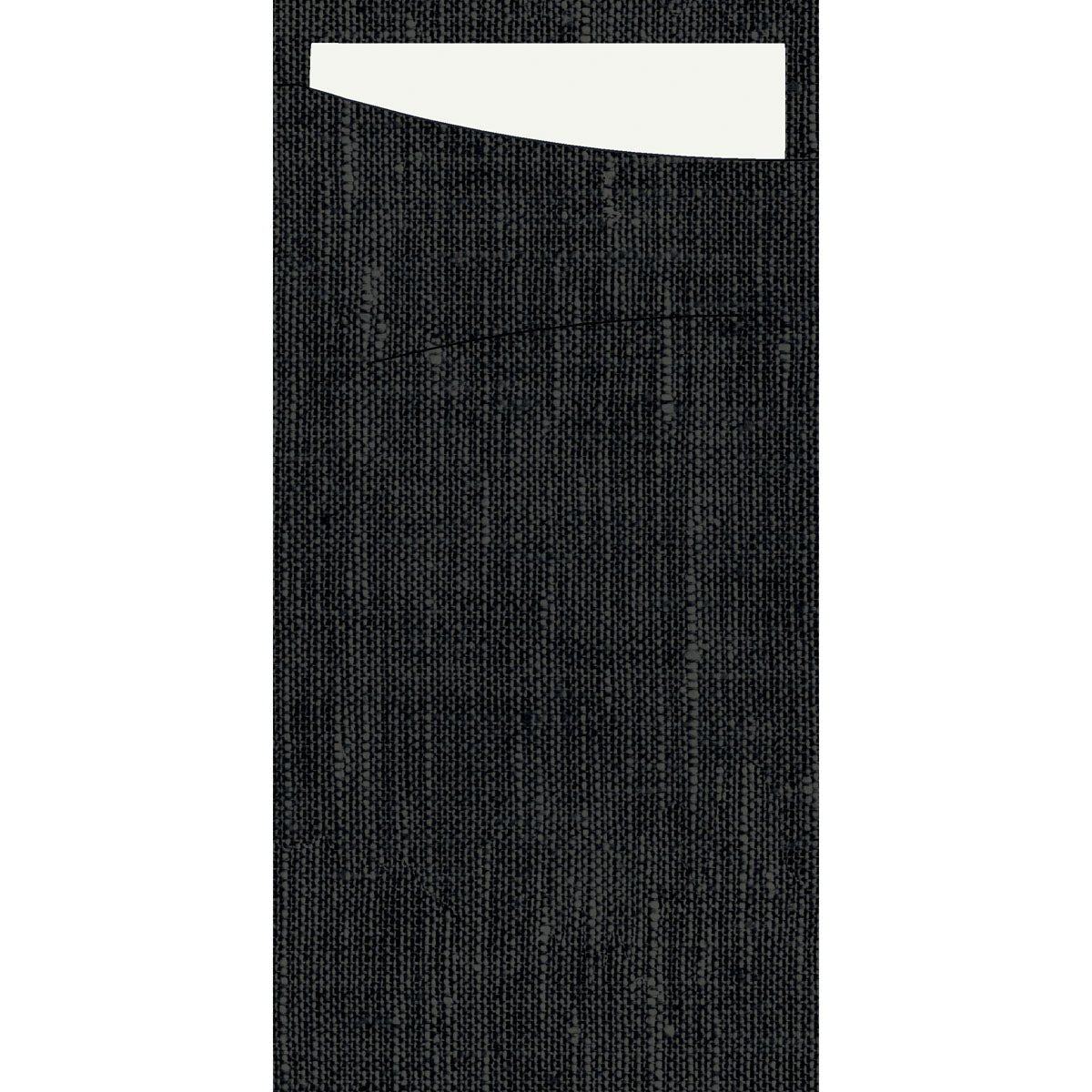 A close-up of the black, textured fabric surface of the SACCHETTO Bio D-Soft by Duni GmbH with a white, rectangular card partially inserted into the upper left edge.