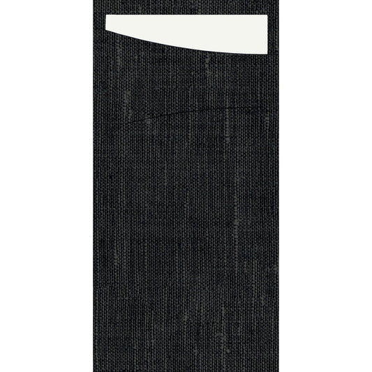 A close-up of the black, textured fabric surface of the SACCHETTO Bio D-Soft by Duni GmbH with a white, rectangular card partially inserted into the upper left edge.