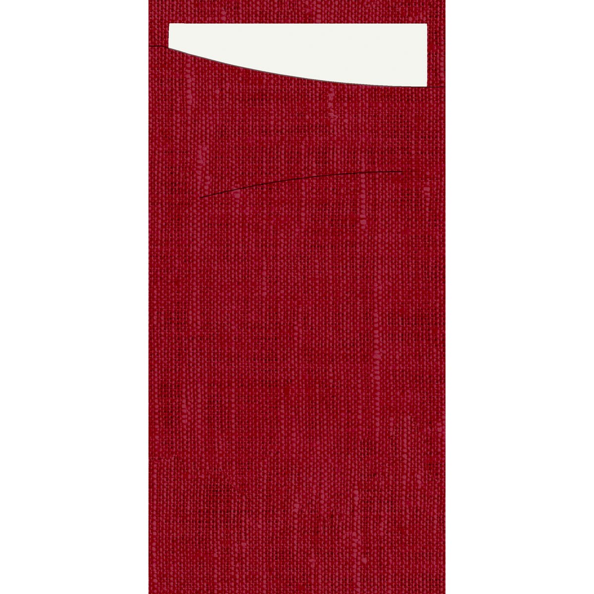 A rectangular piece of red, textured fabric by Duni GmbH, resembling the SACCHETTO Bio D-Soft, featuring a horizontal slit with a white, rectangular card partially inserted into a slanted upper opening.