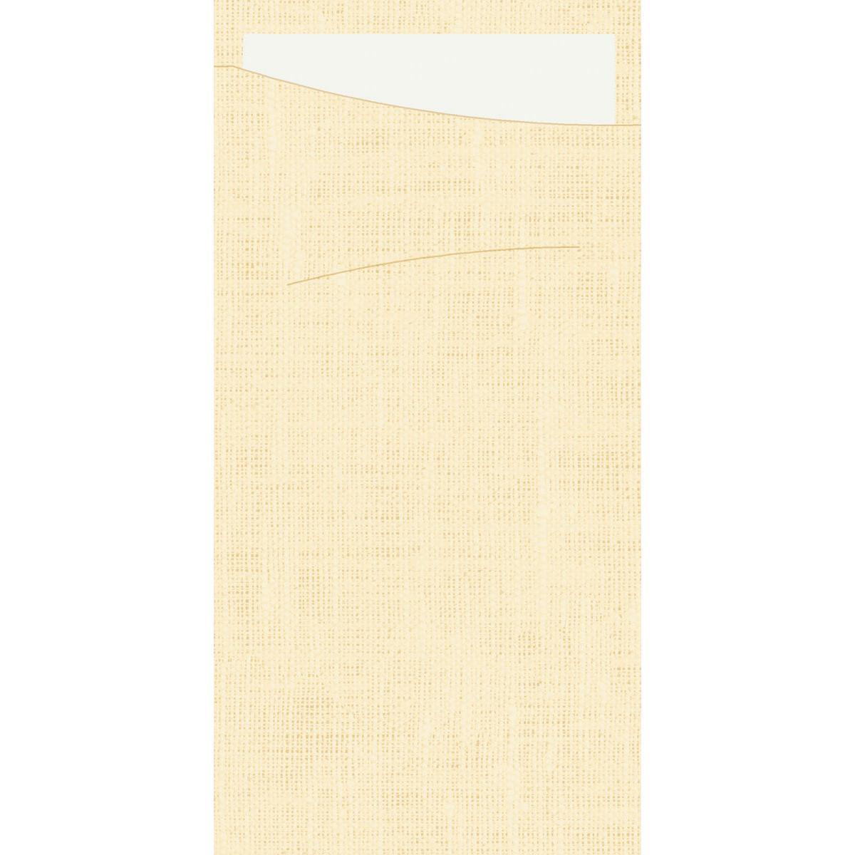 Close-up of the beige, textured fabric bag of the SACCHETTO Bio D-Soft by Duni GmbH with a white, rectangular card partially inserted.