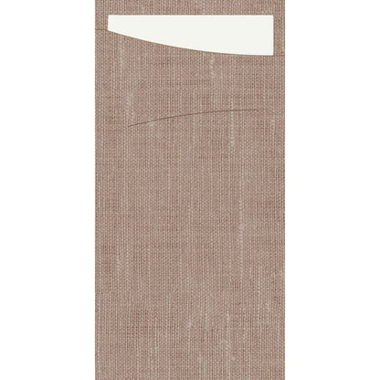 A vertical, rectangular, brown, textured surface, similar to the SACCHETTO Bio D-Soft by Duni GmbH, with a curved horizontal line and a white, rectangular section in the upper left corner.