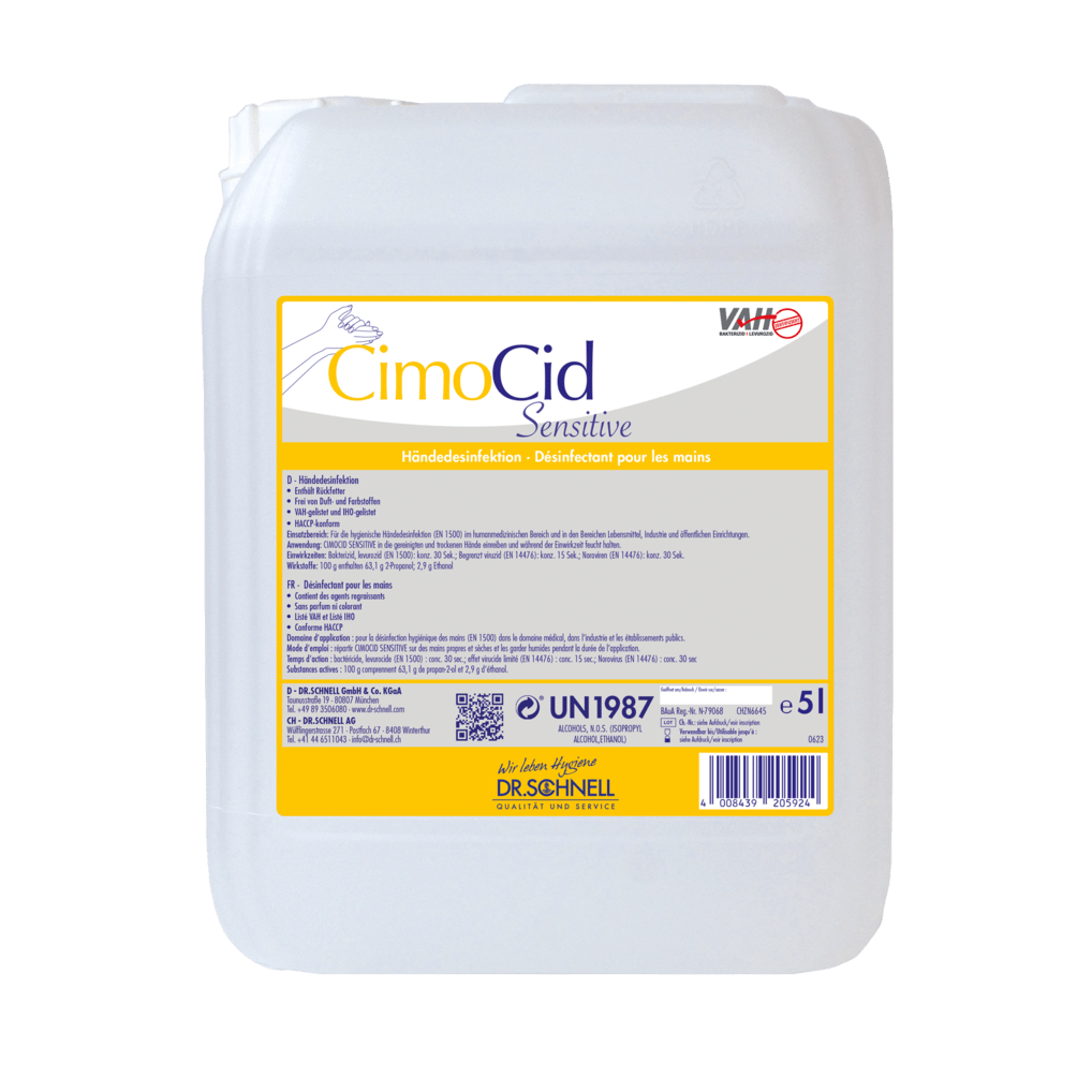 The white 5L plastic container of the Dr. Schnell CIMOCID SENSITIVE hand disinfectant from DR.SCHNELL GmbH & Co. KGaA with a yellow label offers gentle skin protection and effective germ reduction with multilingual application and safety instructions.