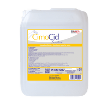 The white 5L plastic container of the Dr. Schnell CIMOCID SENSITIVE hand disinfectant from DR.SCHNELL GmbH & Co. KGaA with a yellow label offers gentle skin protection and effective germ reduction with multilingual application and safety instructions.
