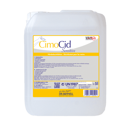The white 5L plastic container of the Dr. Schnell CIMOCID SENSITIVE hand disinfectant from DR.SCHNELL GmbH & Co. KGaA with a yellow label offers gentle skin protection and effective germ reduction with multilingual application and safety instructions.