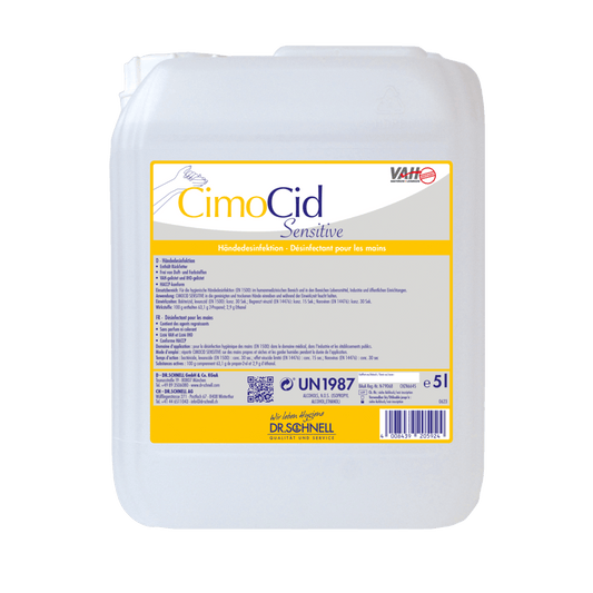 The white 5L plastic container of the Dr. Schnell CIMOCID SENSITIVE hand disinfectant from DR.SCHNELL GmbH & Co. KGaA with a yellow label offers gentle skin protection and effective germ reduction with multilingual application and safety instructions.