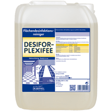 A 10-liter plastic container of DR.SCHNELL Desifor PlexiFee Surface Disinfectant, limited virucidal PLUS, with a blue-white label containing product information, application instructions, and safety warnings.