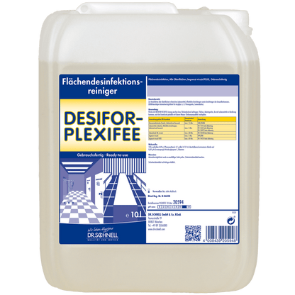 A 10-liter plastic container of DR.SCHNELL Desifor PlexiFee Surface Disinfectant, limited virucidal PLUS, with a blue-white label containing product information, application instructions, and safety warnings.