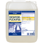 A 10-liter plastic container of DR.SCHNELL Desifor PlexiFee Surface Disinfectant, limited virucidal PLUS, with a blue-white label containing product information, application instructions, and safety warnings.