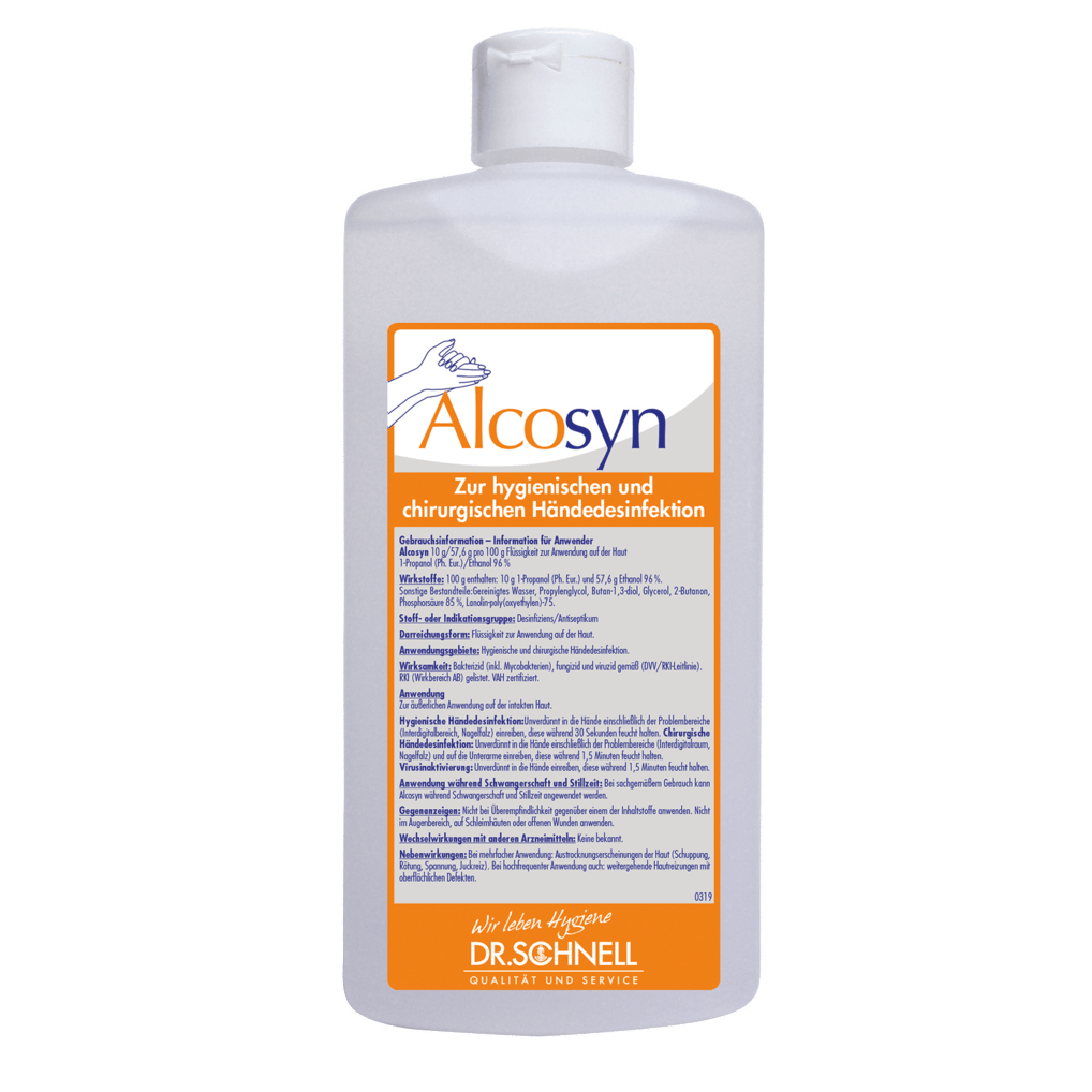 A white plastic bottle with the inscription "Dr. Schnell ALCOSYN hand sanitizer" by DR.SCHNELL GmbH & Co. KGaA with blue and orange accents shows the German instructions for use for a skin-friendly hand disinfectant.