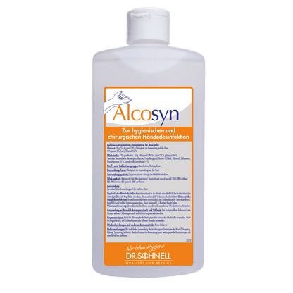 A white plastic bottle with the inscription "Dr. Schnell ALCOSYN hand sanitizer" by DR.SCHNELL GmbH & Co. KGaA with blue and orange accents shows the German instructions for use for a skin-friendly hand disinfectant.
