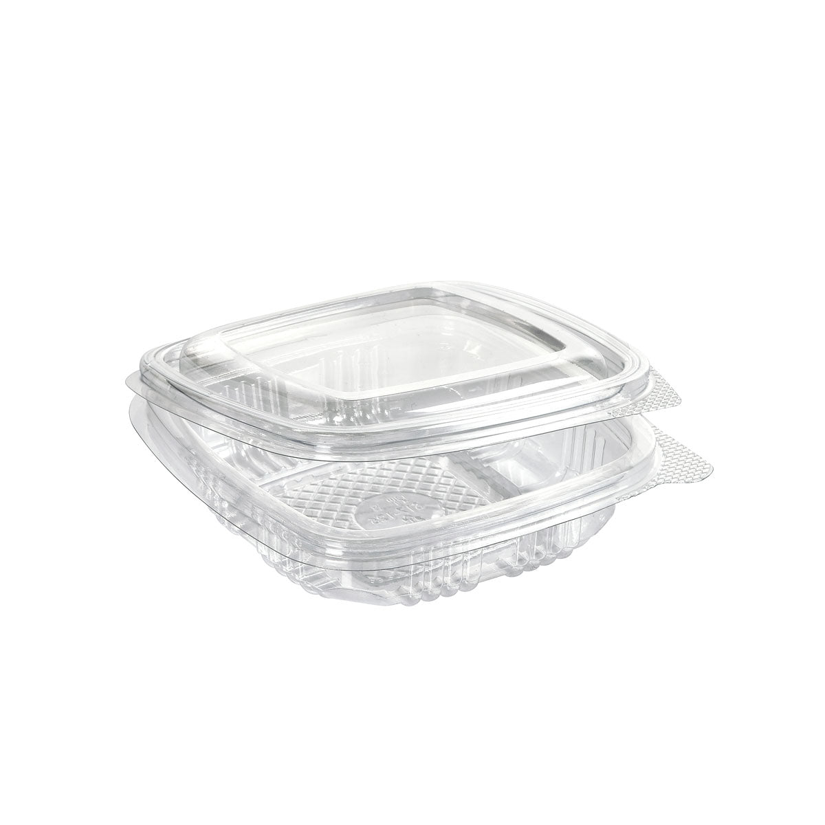The rPET Deli Hinged Transparent food container from Duni GmbH is shown closed and empty. It has a clear clamshell design and a hinged lid, standing on a plain white background.