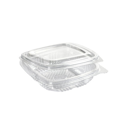 The rPET Deli Hinged Transparent food container from Duni GmbH is shown closed and empty. It has a clear clamshell design and a hinged lid, standing on a plain white background.