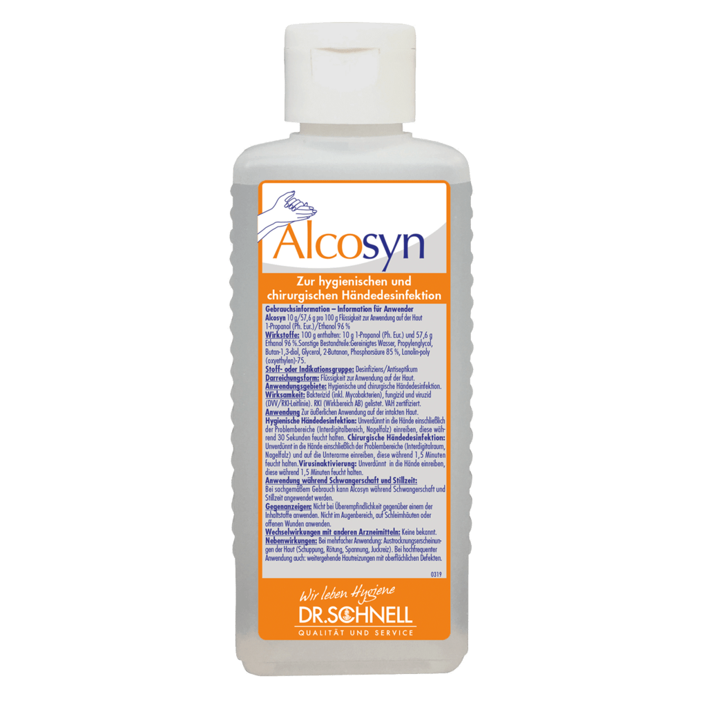 The transparent plastic bottle of the Dr. Schnell ALCOSYN hand sanitizer by DR.SCHNELL GmbH & Co. KGaA with a white cap and a German label with product information, instructions for use, and logo for gentle hand disinfection.