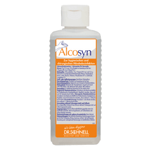 The transparent plastic bottle of the Dr. Schnell ALCOSYN hand sanitizer by DR.SCHNELL GmbH & Co. KGaA with a white cap and a German label with product information, instructions for use, and logo for gentle hand disinfection.