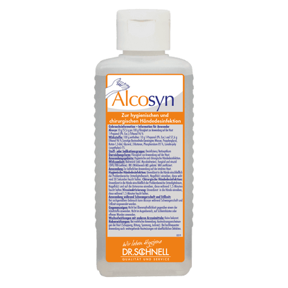 The transparent plastic bottle of the Dr. Schnell ALCOSYN hand sanitizer by DR.SCHNELL GmbH & Co. KGaA with a white cap and a German label with product information, instructions for use, and logo for gentle hand disinfection.