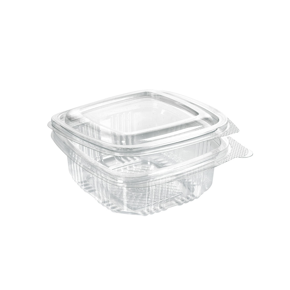 The rPET Deli Hinged Transparent Container from Duni GmbH, a clear, square food packaging with a hinged lid, is shown closed and empty on a white background.