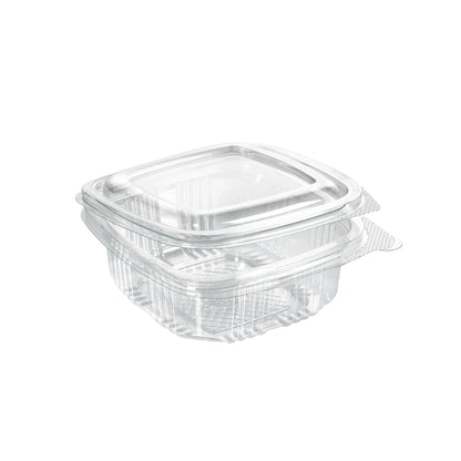 The rPET Deli Hinged Transparent Container from Duni GmbH, a clear, square food packaging with a hinged lid, is shown closed and empty on a white background.