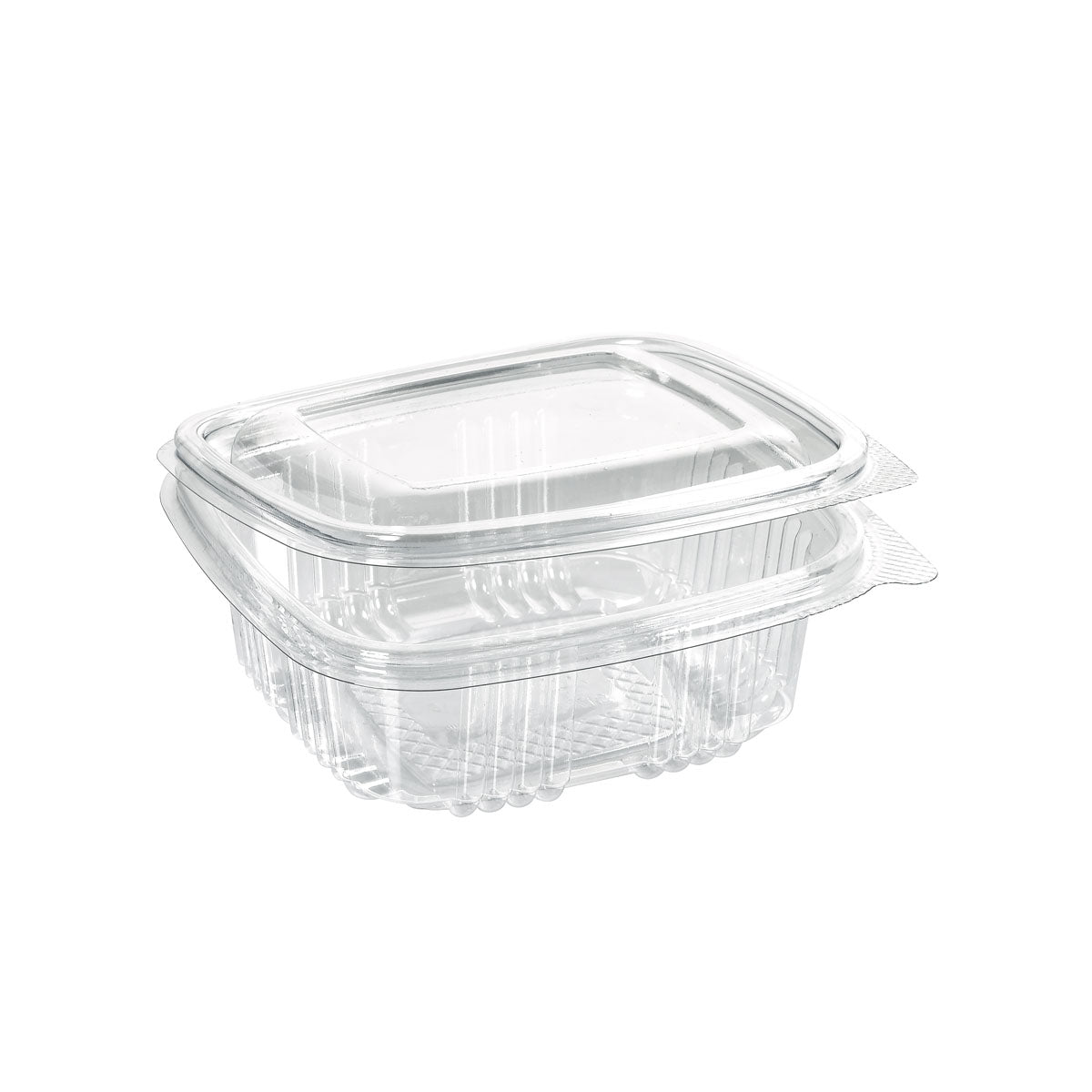 The rPET Deli Hinged Transparent from Duni GmbH is a clear, rectangular food container made from recycled PET. It is shown closed and empty on a white background and features a hinged lid for secure storage.