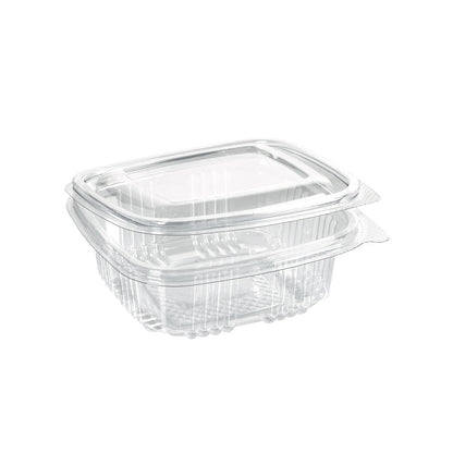 The rPET Deli Hinged Transparent from Duni GmbH is a clear, rectangular food container made from recycled PET. It is shown closed and empty on a white background and features a hinged lid for secure storage.