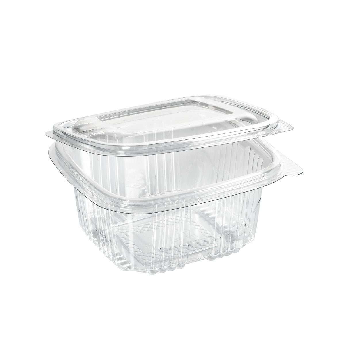 The rPET Deli Hinged Transparent from Duni GmbH is a clear, rectangular deli container made from recycled PET with a hinged lid. This empty, transparent packaging is isolated on a white background and is ideal for takeaways or storing leftovers.