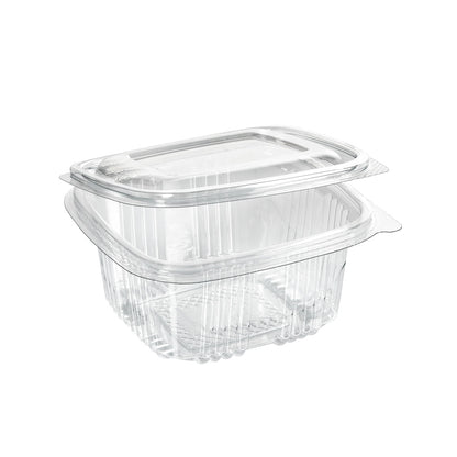 The rPET Deli Hinged Transparent from Duni GmbH is a clear, rectangular deli container made from recycled PET with a hinged lid. This empty, transparent packaging is isolated on a white background and is ideal for takeaways or storing leftovers.