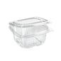 The rPET Deli Hinged Transparent from Duni GmbH is a clear, rectangular deli container made from recycled PET with a hinged lid. This empty, transparent packaging is isolated on a white background and is ideal for takeaways or storing leftovers.