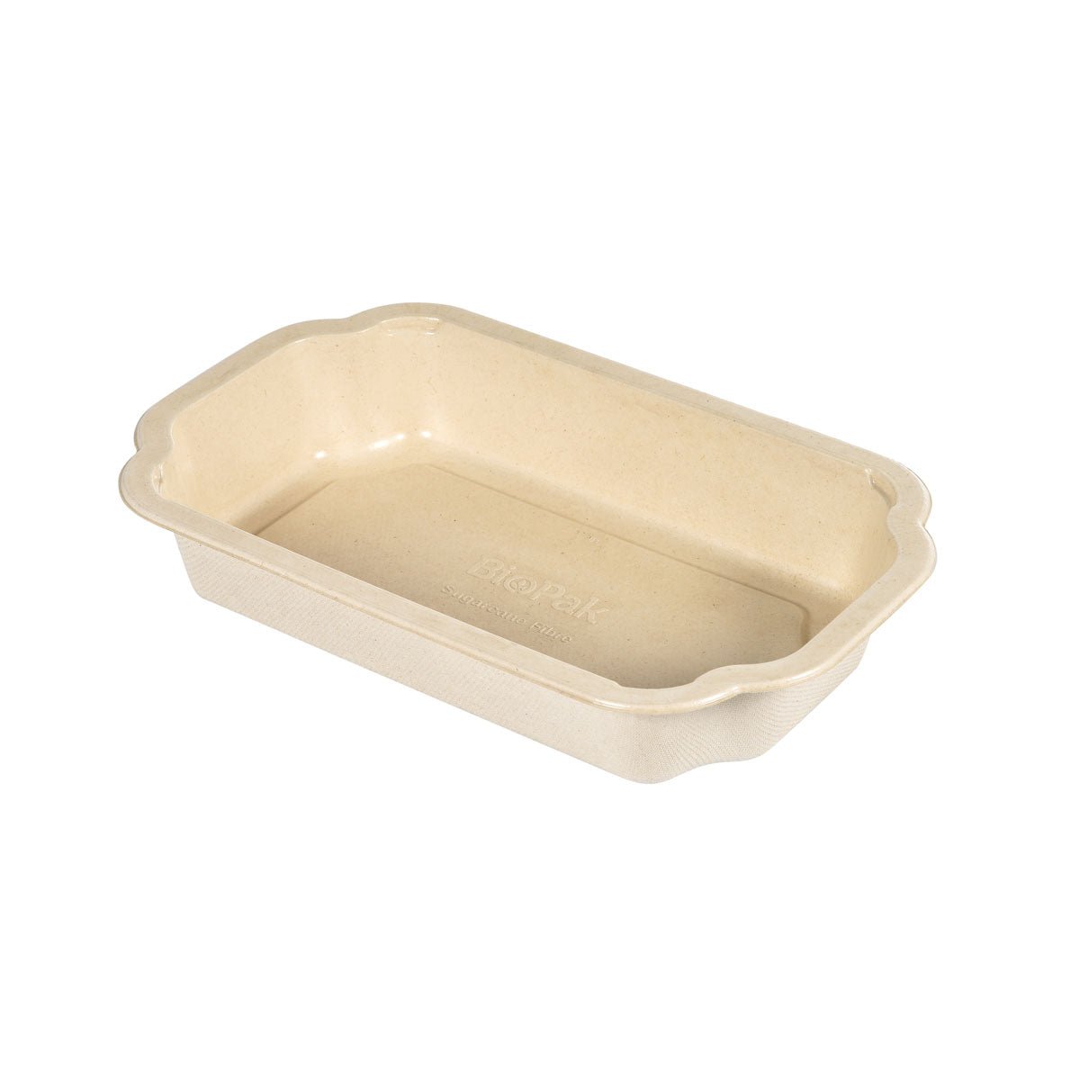 The Tray Take-Away Fibre 1-comp Natur by Duni GmbH is a beige, rectangular, coated bagasse tray (250x159x43mm) with rounded corners and flared edges. Its smooth, glossy interior makes it an eco-friendly packaging choice. Pack: 225 pieces.