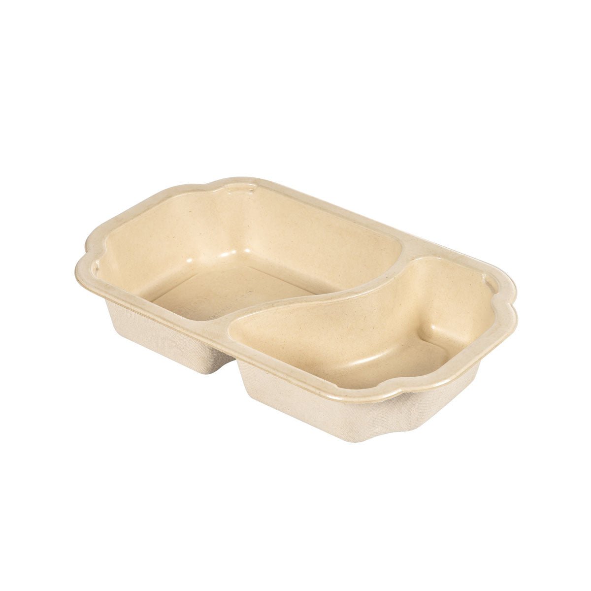 The Duni GmbH Tray Take-Away Fibre 2-comp made of coated bagasse in natural beige has the dimensions 250x159x45 mm and is ideal for sustainable gastronomy. Shown empty, rectangular with two compartments. Package: 225 pieces.