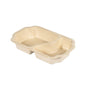 The Duni GmbH Tray Take-Away Fibre 2-comp made of coated bagasse in natural beige has the dimensions 250x159x45 mm and is ideal for sustainable gastronomy. Shown empty, rectangular with two compartments. Package: 225 pieces.