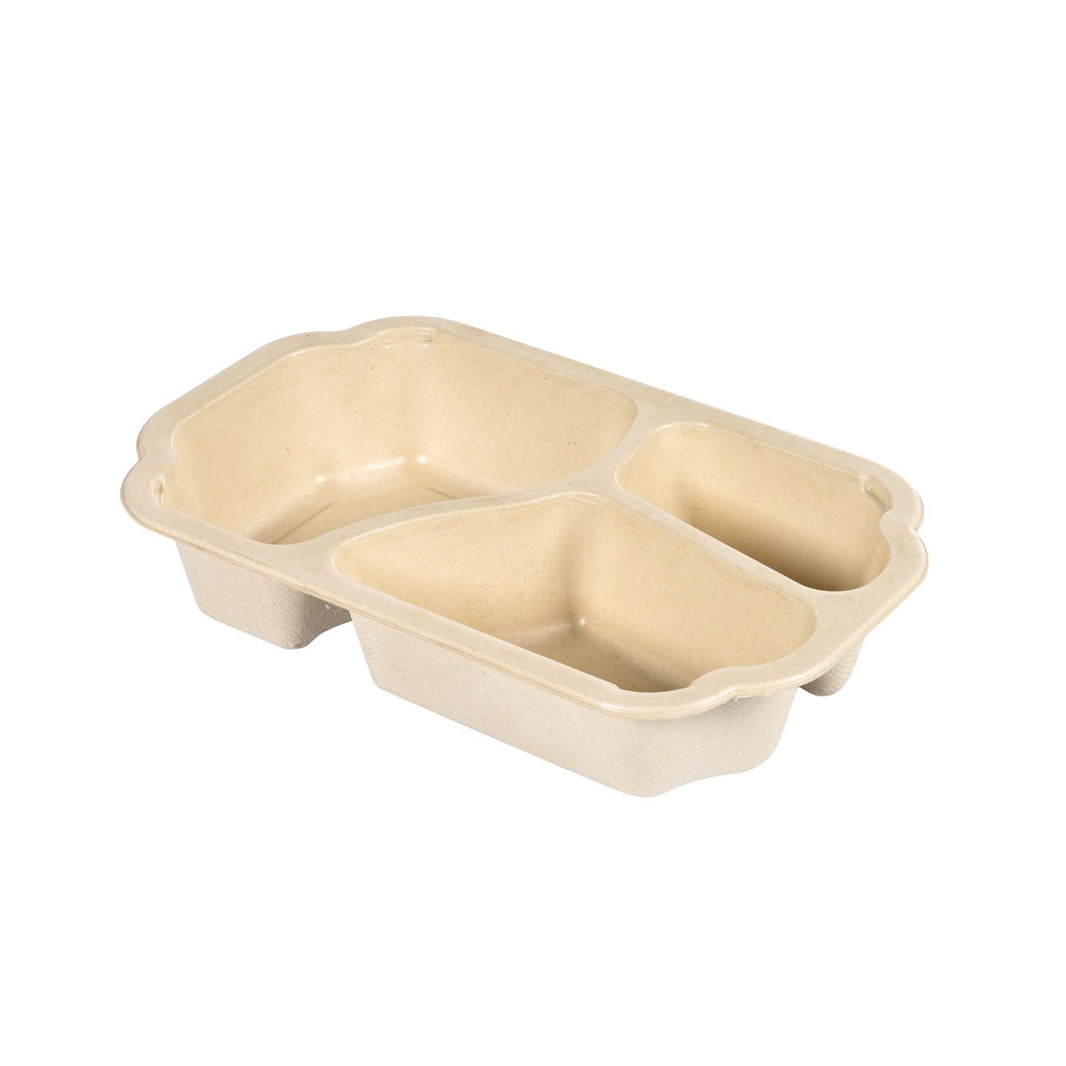 The Tray Take-Away Fibre 3-comp 3 Natur by Duni GmbH (Bagasse, coated, 250x159x48 mm) - environmentally friendly, biodegradable, and ideal for take-away, shown empty against a white background. Packaging with 225 pieces.