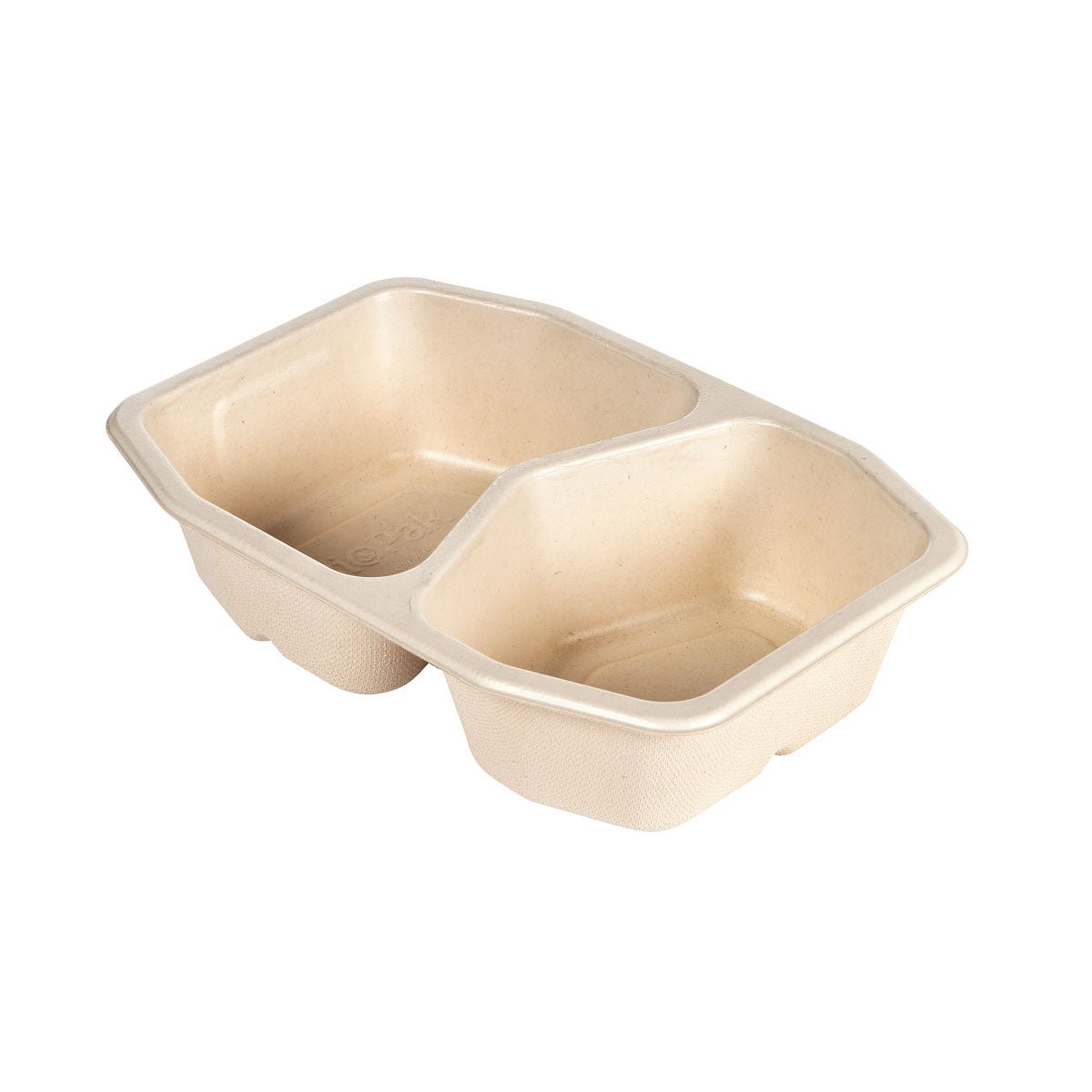 The HMR Fibretray/PE 2-comp from Duni GmbH is a brown, rectangular food container (215x148x50 mm) made of coated bagasse with two compartments, environmentally friendly and available in packs of 320 pieces.