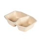 The HMR Fibretray/PE 2-comp from Duni GmbH is a brown, rectangular food container (215x148x50 mm) made of coated bagasse with two compartments, environmentally friendly and available in packs of 320 pieces.