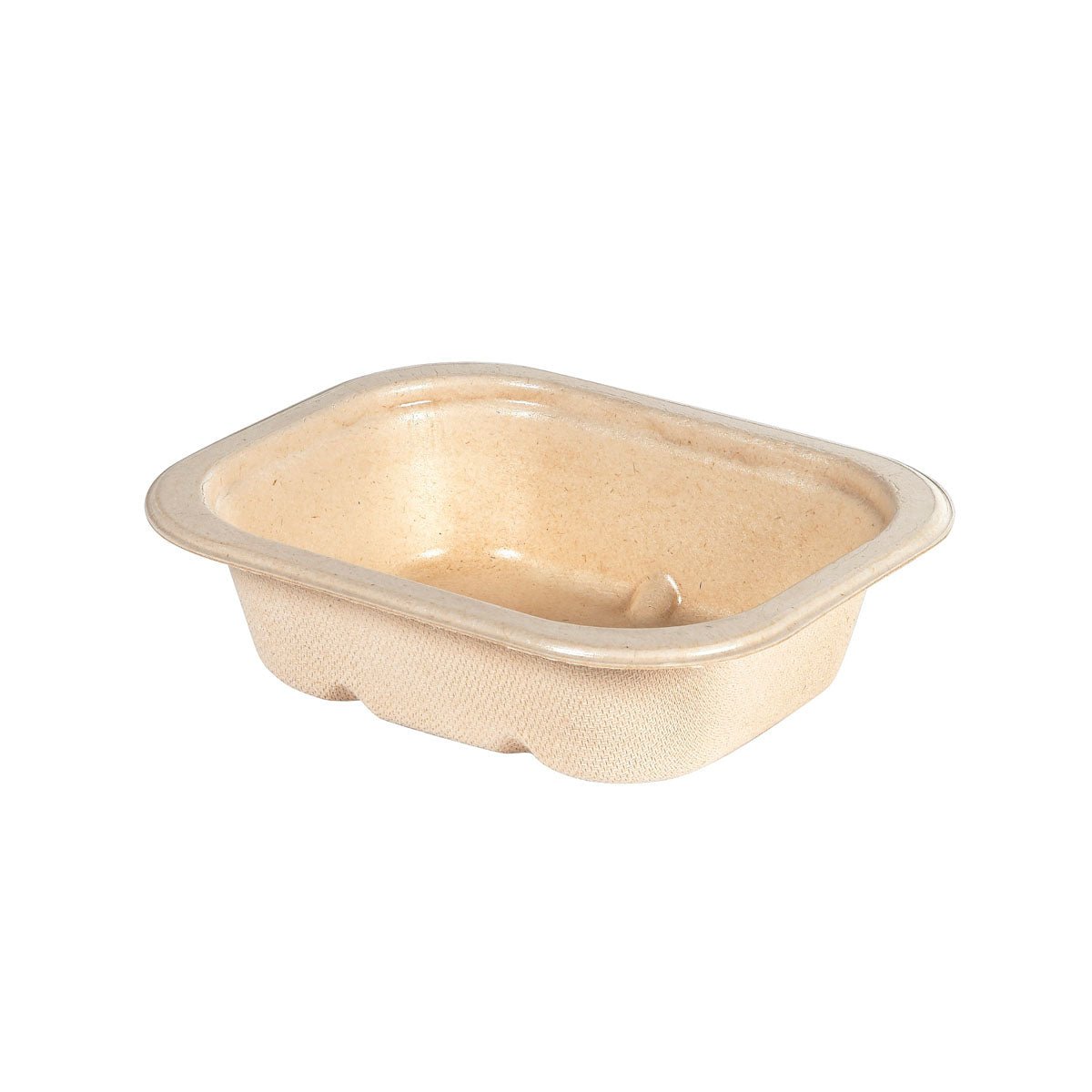 A rectangular, beige tray side dish fibre 1-comp 37 mm natural coated bagasse (140x116x37mm) from Duni GmbH, made from compostable molded fibers, depicted empty on a white background. Package size: 340 pieces.