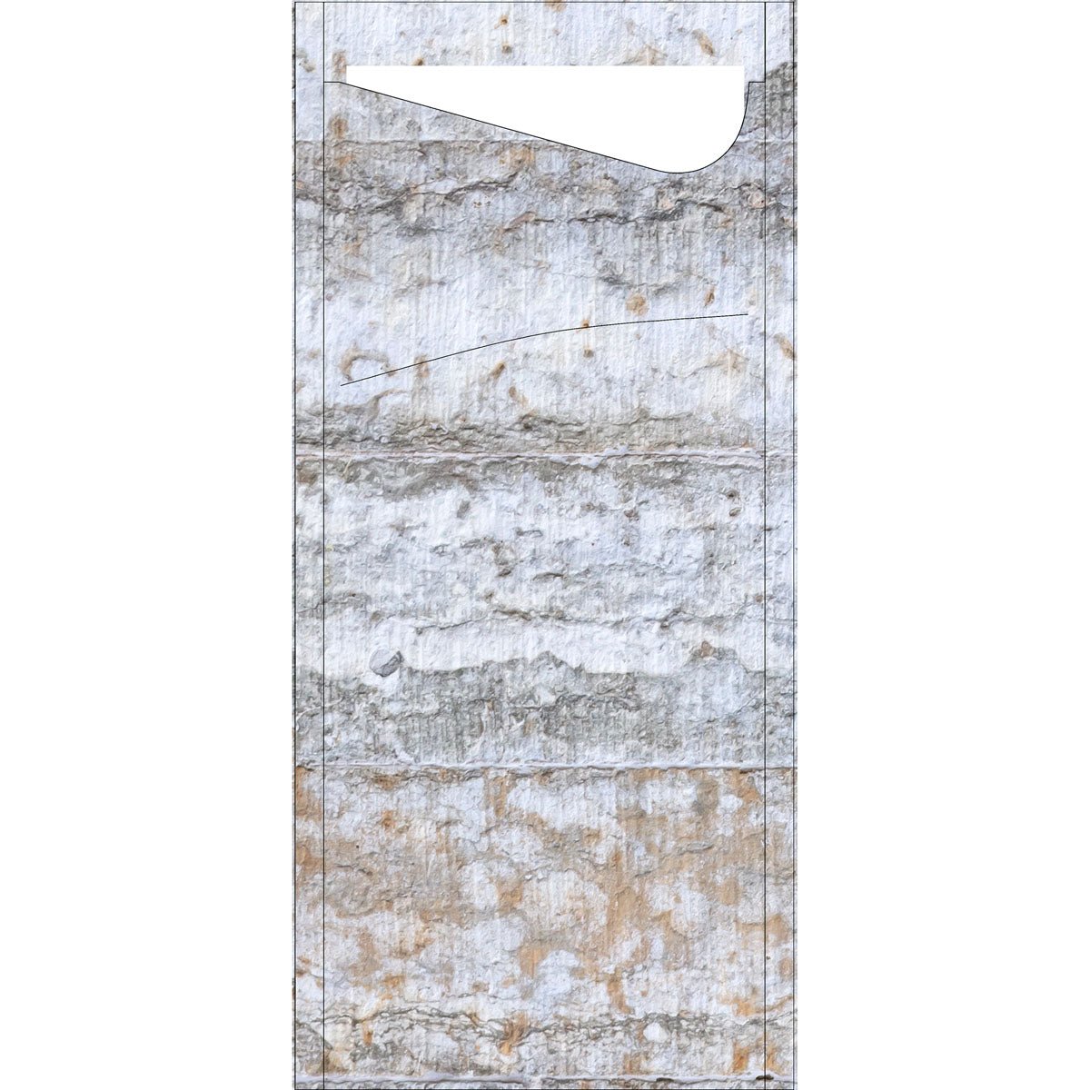 The SACCHETTO 190x85 mm Stone from Duni GmbH has a rectangular, textured surface in gray, white, and beige - ideal for craft projects or decorations. A unique diagonal cut at the top left creates a striking triangular accent. Packaging with 100 pieces.