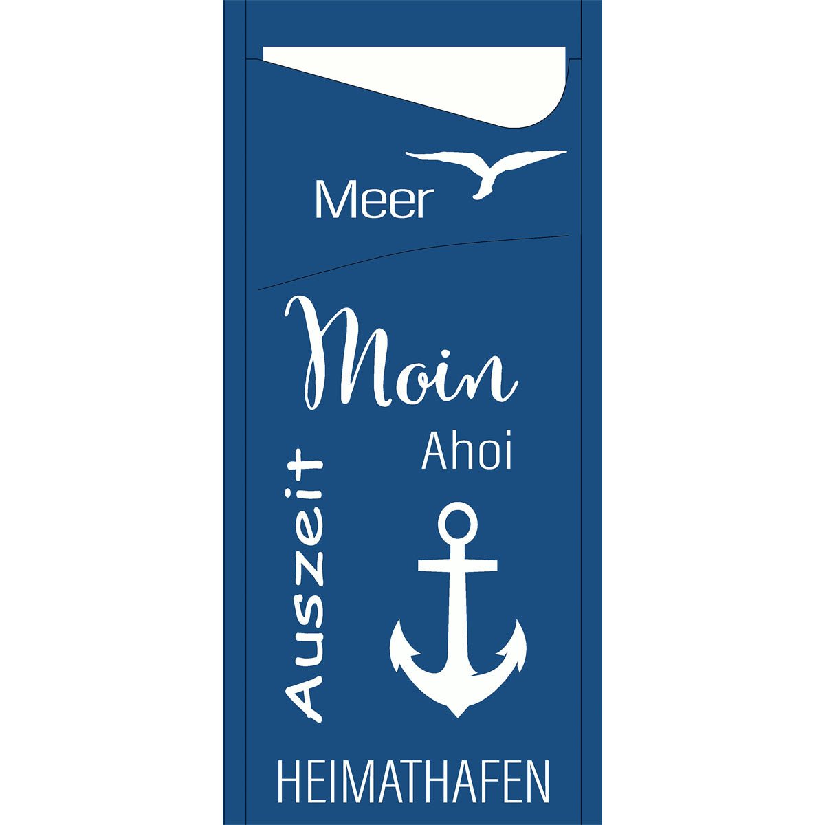 A blue, rectangular sign with white text like "Sea", "Moin", and "Time Out", along with a seagull and an anchor - perfect for beach holiday flair. Fits perfectly with SACCHETTO 190x85 mm - More Joy from Duni GmbH, also available as a pack (100 pieces).