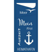 A blue, rectangular sign with white text like "Sea", "Moin", and "Time Out", along with a seagull and an anchor - perfect for beach holiday flair. Fits perfectly with SACCHETTO 190x85 mm - More Joy from Duni GmbH, also available as a pack (100 pieces).