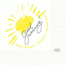 The Duni GmbH paper napkins 24x24 cm, 3-ply, Love Mornings (pack of 250 napkins) feature a yellow hand-drawn sun, "Good Morning!" in cursive and greetings in German, French, and Spanish - ideal for a cheerful breakfast table.