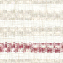 The Dunilin napkins 40x40 cm, Rigato Bordeaux by Duni GmbH have a white background with light beige horizontal stripes and a bold red dotted stripe at the bottom. Pack of 45 high-quality napkins - ideal for a stylish table decoration.