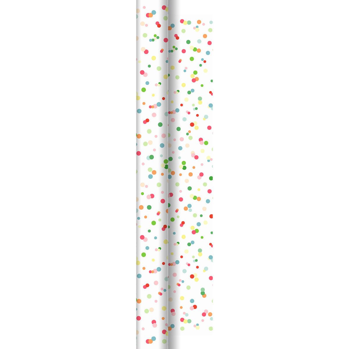 The Dunicel roll 40x0.90m Happy Bubbles by Duni GmbH is a roll with colorful dot paper - ideal for craft projects or room decorations - standing upright against a white background.