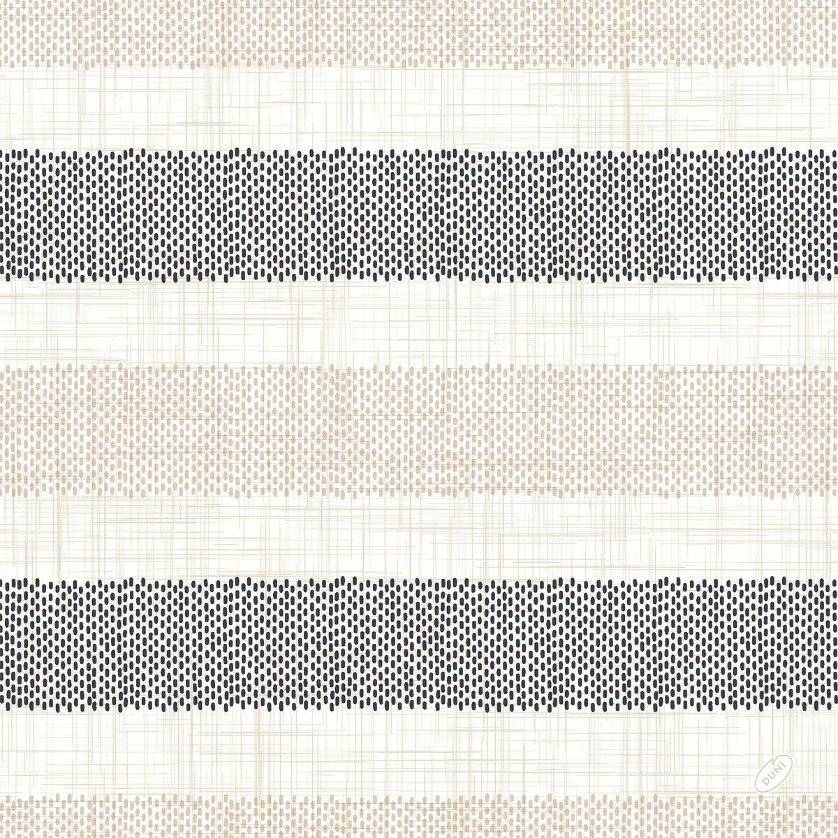 The Zellt napkins 40x40 cm Classic Rigato black by Duni GmbH are characterized by alternating beige bands and black dotted lines on a cream-colored background, giving your table decoration a modern touch - perfect in combination with the elegant napkins. Pack of 50 napkins.