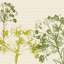 Green and yellow botanical silhouettes in watercolor style adorn a beige geometric background. A round label marks "eco-friendly napkins". Product: Cell. Napkins 40x40 Classic Green Umbles (50 napkins), Duni GmbH.