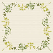 A square beige background with green and yellow floral borders reflects the eco-friendly look of the Dunisilk MD 84x84 cm, green Umbles for celebrations | Pack (20 pieces) from Duni GmbH. Delicate blossoms frame a biodegradable centerpiece.