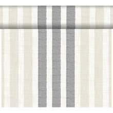 The DC-Tete a Tete 0.4x24m Rigato black from Duni GmbH is characterized by elegant vertical stripes in black, beige, and off-white with varying widths and visible weave - perfect for modern table decoration at events. Package (1 piece), partially unrolled.