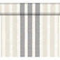 The DC-Tete a Tete 0.4x24m Rigato black from Duni GmbH is characterized by elegant vertical stripes in black, beige, and off-white with varying widths and visible weave - perfect for modern table decoration at events. Package (1 piece), partially unrolled.