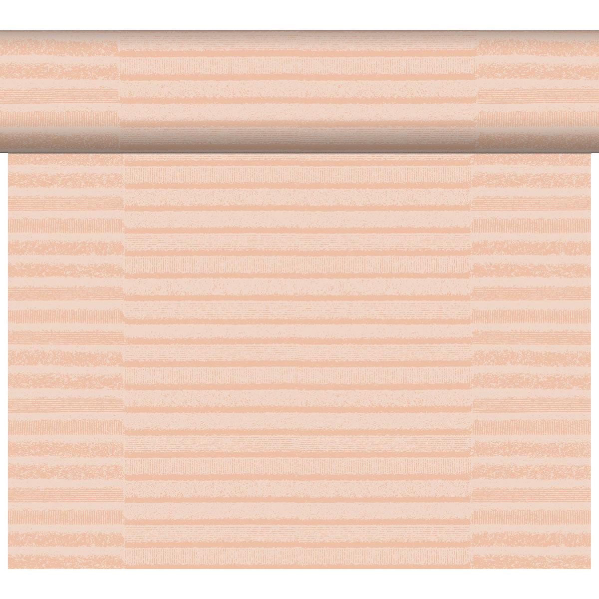 The DC-Tete a Tete 0.4x24m Tessuto dusty pin from Duni GmbH features a light peach-colored background with horizontal, textured stripes in various peach and beige tones, inspired by high-quality fabric. The patterns are evenly distributed across the elegant table decoration roll.